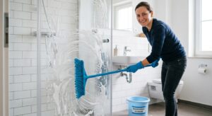 Frau putzt Dusche mit Plastikbesen