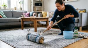 teppich mit besen und lappen feucht reinigen