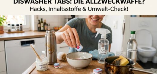 Frau legt Spülmaschinentab in Schüssel, in der Küche.
