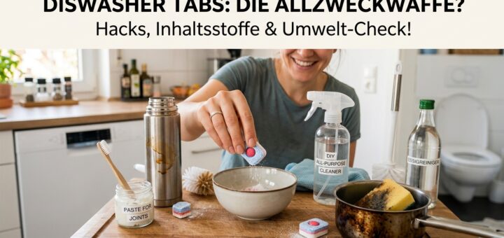 Frau legt Spülmaschinentab in Schüssel, in der Küche.
