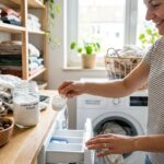 Frau füllt Waschpulver ein