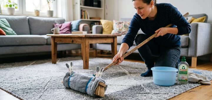 teppich mit besen und lappen feucht reinigen
