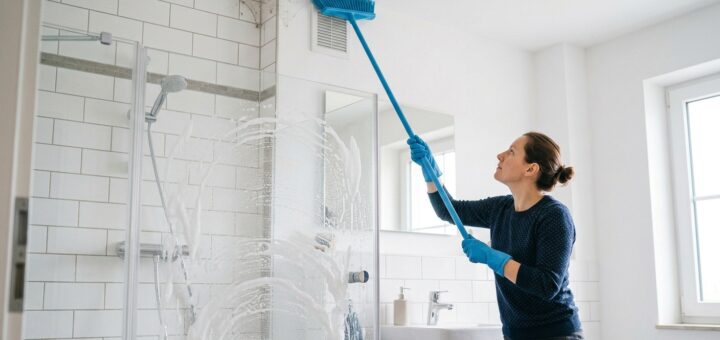 Frau putzt Bad mit plastikbesen